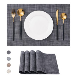 Placemats Set of 4 Washable Indoor/Outdoor Vinyl Place Mats for Dining Table Durable Non-Slip Heat Resistant PVC Weave Table Mats（Black）