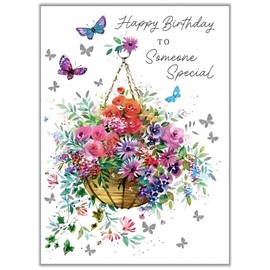 Someone Special Birthday Card for Her - Floral, Butterflies & Bees - Artistic Design - Flowers in Hanging Basket - Made in the UK - Eco-Friendly