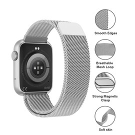 22mm silver Magnetic Stainless Steel Smartwatch Band – Quick Release Milanese Loop Replacement Strap for Men Women – Stylish, Adjustable, Anti-Snag Edge, Comfortable Fit, Compatible with Smartwatches