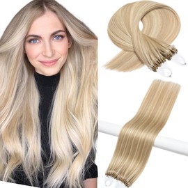 Kun Na Micro Loop Hair Extensions Real Human Hair Bleach Blonde with Ash Blonde Multi-Colours Remy Hair Straight Micro Beads Hair Extensions 50g/pack(14 inch, 18/613)