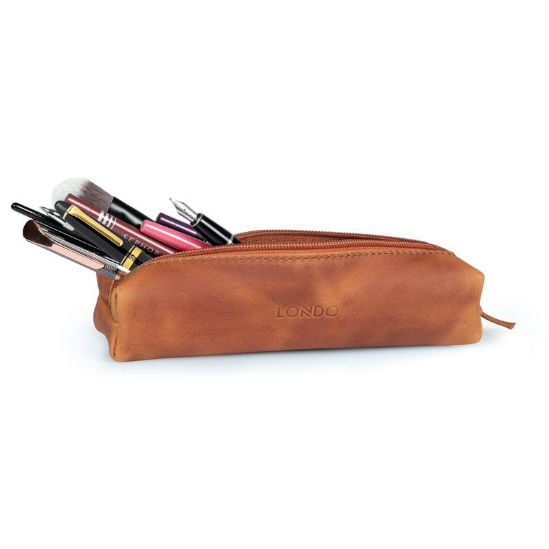 Londo Genuine Leather Zipper Pen, Pencil & Cosmetic Case (Camel)