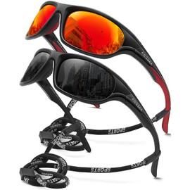 AWGSEE - anteojos de sol deportivas polarizadas para hombre, montura irrompible TR90 para pesca, conducción, ciclismo, protección UV400, (Paquete de 2) negro + negro marco rojo/lente espejo rojo claro, 60mm
