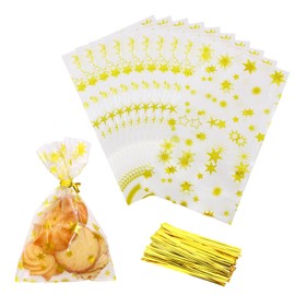 Mini Skater Gold Star Printed Cellophane Bags Clear Plastic Candy Goodie Cookie Treat Gift Storage Poly Bags with Twist Ties for Wedding Christmas Bridal Shower Birthday Party Favor Supplies, Pack of