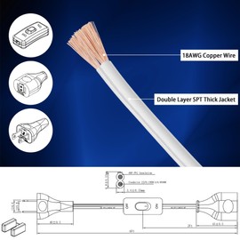 White Extension Cord with Switch On/Off, 6FT Indoor Power Cord, 2 Prong Grounded Plug, 120V 150W Insulated & Flame Retardant, UL Listed