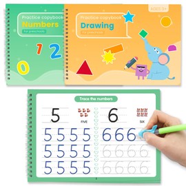 Large Grooved Handwriting Practice with Pencil Grips for Kids, 2 Pack 10.5 x 7 in Reusable Children's Magic Copybooks Children Tracing Books Ages 3-8 for Preschool Kindergarten Learning Activities