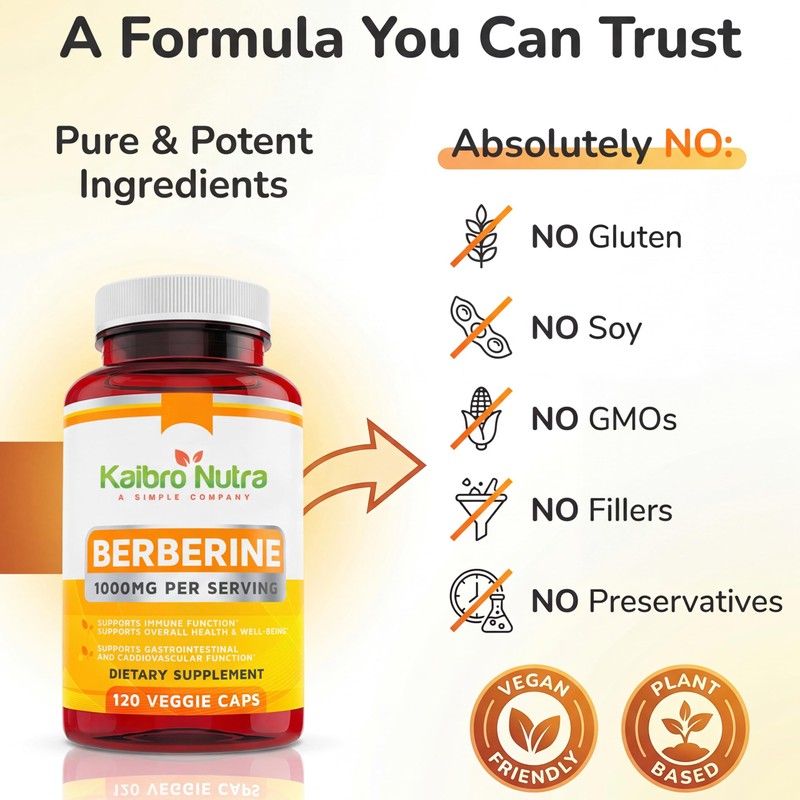 Kaibro Nutra Berberine Supplement 1000mg, Berberine HCL for Immune System,