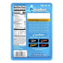 StarKist Tuna Creations Cracked Pepper with Roasted Garlic, 2.6 oz Pouch (1 Pack) Ready to Eat Wild Caught Tuna, 15g Protein Per Serving, Gluten Free, Soy Free, Perfect for Salads, Meals and Snacks