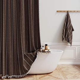 BTTN Boho Shower Curtain, Bohemian Linen Fabric Heavy Duty Striped Shower Curtains Set with Tassel, Water Repellent, Farmhouse Aesthetic Shower Curtain for Bathrooms with Hooks, 72"x72", Brown