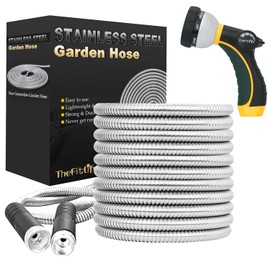 TheFitLife Flexible Metal Garden Water Hose - Upgrade Leak and Fray Resistant Design, Stainless Steel with Solid Fittings and Sprayer Nozzle, Lightweight Kink Free Durable Easy Storage (100 FT)