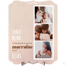 nagu® Photo Frame in Bois Personnalisé, Picture Frame with Stand and White Letters in Relief, Idéal pour Marraine du Baptême, Convient pour Table or Mur, Demande Parrain Marraine
