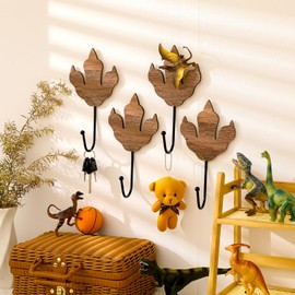 Leinuosen 4 Pcs Dinosaur Decor Wall Hooks Wooden Dinosaur Themed Towel Coat Hooks Wall Mounted Dino Shelf Decorations for Bedroom Room Home