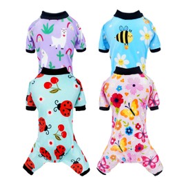 PET SHOW 4 Pack Small Dog Pajamas Spring Dog Clothes Doggies Soft Stretchy PJs Bee Ladybug Jumpsuit Puppy Cats Girl Boy Floral Onesies Outfits with Sleeve Pets Dachshund Costume(XS, Spring)