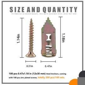 Rustark 200Pcs Drywall Anchor Kit, Steel Self-Drilling Anchors with Zinc Plated Screws, Wall Anchor Hooks, Heavy Duty Metal Toggle Anchors, No Drill Or Holes in Wall, Hangs up to 66 lbs