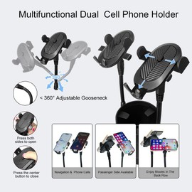 JINKEY Dual Cup Phone Holder for Car, 360°Rotatable Car Phone Mount Adjustable Gooseneck Cell Phone Cup Holder Universal Fits for Most 4"-6.7" i-Phone Cell Phone Automobile Cradles