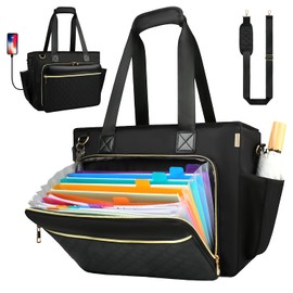 Partreko Teacher Tote Bag with Colourful Accordion File Organizer Pocket, USB Port& 15.6 Inch Laptop Compartment, Large Work Bag with Insulated Pocket for School Teacher Essential Nurse Women (Black)