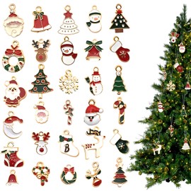 KIPTVO 30PCS Mini Christmas Ornaments Set, Mini Christmas Tree Hanging Ornaments, Santa Claus Reindeer Snowman Xmas Stocking Candy Cane, for Small Tree Xmas DIY Pendants Crafts