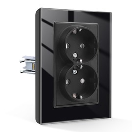 CNBINGO Glass Double Socket Flush-Mounted, 2-Way Socket Flush-Mounted, Double Wall Socket with Plug-In Terminal Sockets, Black