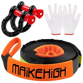MAIKEHIGH Tow Strap Heavy Duty with Hooks, 2"×16ft 22,000Lbs Tow Rope with D-Ring Shackles (2pcs) + Protective Gloves (2pcs), Emergency Recovery Strap for Car Truck SUV ATV (Black-Orange)