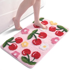 Anybar Pink Bathroom Rugs Cute Cherry Bath Mat Coloful Bathroom Accessories, Funny Flower Rug Non Slip Floor Mat, Machine Washable Bath Rug Soft Microfiber Carpet for Shower, Tub (18x26 inch)