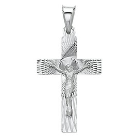 14k REAL White Gold Religious Crucifix Jesus Cross Stamp Charm Pendant