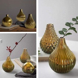 Zensational Ceramic Gold Vase Set of 3 - Diamond, Spot, Stripe - Small Decorative Vases for Flowers - Textured Round Mini Vases - Gold Centerpiece Vases - Bud Vases for Weddings