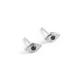 Dainty Evil Eye Mini Stud Earrings Sterling Silver Blue Crystal CZ Wedding Earring Ear Piercing Studs for Women (Silver)