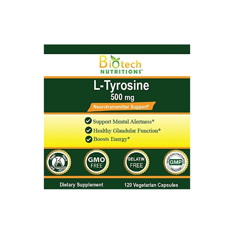 Biotech Nutritions L-Tyrosine 500 mg 120 Vegetable Capsules Made in