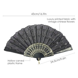 Innolife Elegant Embroidered Flower Peacock Pattern Sequin Fabric Folding Handheld Hand Fan Hand-Crafted (Black)