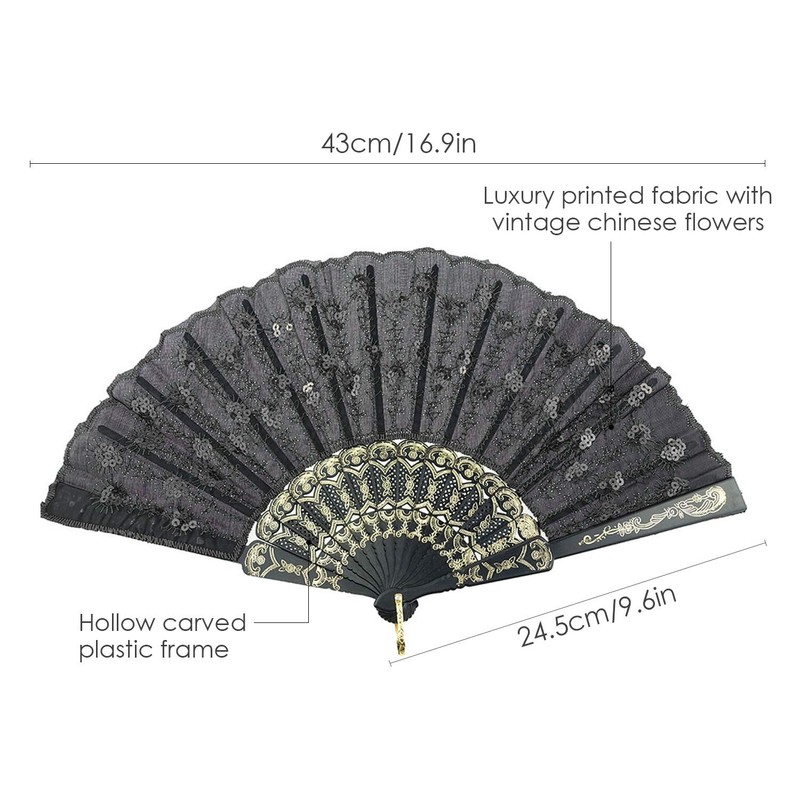 Innolife Elegant Embroidered Flower Peacock Pattern Sequin Fabric Folding Handheld