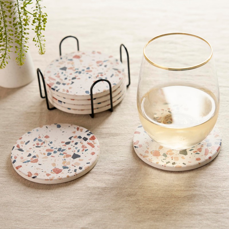 Twine Terrazzo Coasters, Stoneware Coaster Set, White Coasters with Stand,