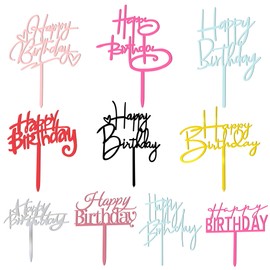 Juego de 10 decoraciones para tartas de feliz cumpleaños en 8 colores, negro, plata, oro, rosa, rojo, azul, rojo, ideal para fiestas para adultos, cualquier ocasión, 10 estilos