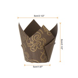 HARFINGTON 50Pcs Tulip Cupcake Liners Standard Paper Baking Cups Greaseproof Wrappers Disposable for Birthday Banquets Party, Brown with Gold Wire Pattern