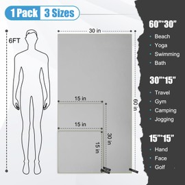 Haoteey Quick Dry Travel Towel, 3 Sizes 1 Pack Camping Microfiber Towel, Lightweight Fast Drying Towels Set 60"x30", 30"x15", 15"x15" w/Bag for Gym, Beach, Hiking, Swimming, Grey