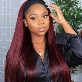 Emistar Yaki Straight Headband Wigs for Black Women Synthetic Soft As Human Hair Wear And Go Glueless Half Wig Natural Black Wig with Headband Attached (Burgundy, 22 Inch)