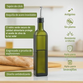 U Chef Dispensador de Aceite de Oliva y Vinagre 500 ml, Aceitera de Vidrio Verde con Boquillas Antigoteo y Almacenamiento Hermético, Para Cocina, Mantiene Aceite Fresco + Embudo