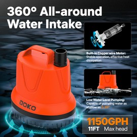DOKO Submersible Water Pump, 1150GPH Fish Tank Water Pump with 6FT Power Cord and Handle, Ultra Quiet Pond Pump with 4 Nozzles and 4 Suction Cups for Fish Tank Pond Aquarium, Orange Black