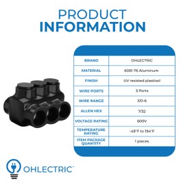 OHLECTRIC Dual Side Entry - 3 Port - 3/0-6 AWG - Black Insulated Connector - 7/32 Hex Screw - Pre-Filled with Oxide Inhibitor - Rubber/Vinyl Coating, 6061-T6 Aluminum CU9AL