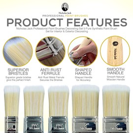 Nicholas Jack Professional Paint Brushes Decorating Set 5 Pure Synthetic Paint Brush Set for Interior & Exterior Decorating