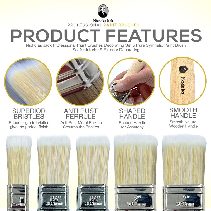 Nicholas Jack Professional Paint Brushes Decorating Set 5 Pure Synthetic