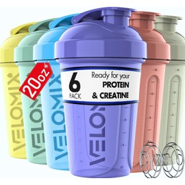 VELOMIX -6 PACK- 20 oz Protein Shaker Bottle for Protein Mixes - 6x Wire Whisk | Leak Proof Shaker Cups for Protein Shakes | Stackable Protein Shaker 