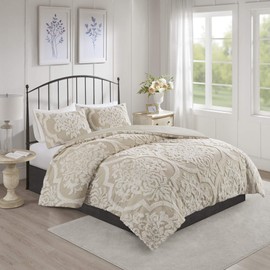 Madison Park Tufted Chenille 100% Cotton Comforter All Season Bedding Set, Matching Shams, Full/Queen(90"x90"), Viola, Damask Taupe 3 Piece