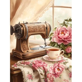 Yomiie 5D Diamond Art Kits for Adults, Sewing Machine Diamond Painting Art Flowers DIY Full Round Drill Kits, Embroidery Rhinestone Diamond Crystal Craft Canvas Home Wall Decor 12x16 inch