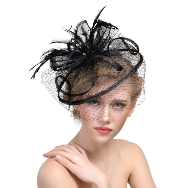 Tulle Fascinator Hats with Feather Flowers Hair Clip Headband Hair Accessory Veil Tea Party Wedding Church Hair Accessories Headpiece for Women, black, m