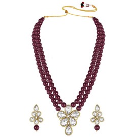 Aheli Crystal Pearl Long Collar con pendientes de caída Conjunto de joyas étnicas tradicionales indias de Bollywood para niñas