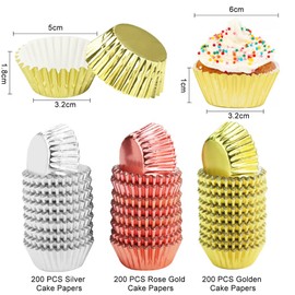 BUENTYA 600 Pcs Mini Foil Metallic Cupcake Liners Muffin Wrappers Baking Muffin Paper Cups Cases Foil Baking Cups Cupcake Paper Cases for Home Weddings Birthdays DIY Handmade (Gold Silver & Rose Gold)