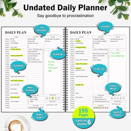 Planner Undated, Asten Daily Planner Agenda with To Do List, Hourly Schedules for Women and Men, Spiral Appointment Book with Elastic Closure, Inner Pocket 8.5" x 11" (Black)