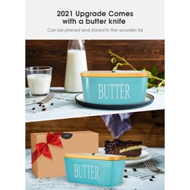 Butter Dish with Lid for Countertop, Large Butter Dish, Ceramics Butter Keeper Container with Knife and High-Quality Silicone Sealing Butter Dishes with Covers Good Kitchen Gift Turquoise