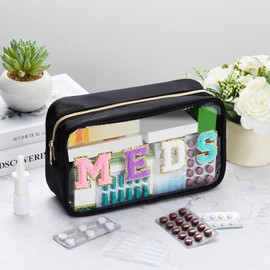 Bolsas de Cosméticos de Letra Neceser de Maquillaje de Chenilla Bolsa Portátil de Nailon Bolsa de Maquillaje Preppy de Parche con Cremallera Bolsa de Tocador Cosmético (Negro, Original MEDS)