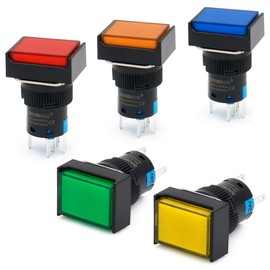 Baomain 5/8" 16mm Push Button Switch Momentary Rectangular Cap LED Lamp Red Yellow Orange Blue Green Light DC 24V SPDT 5 Pin 5 Pack