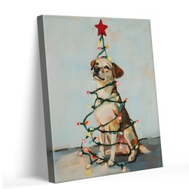 Festive Christmas Dog Canvas Wall Art Decor - Adorable Holiday Decor Featuring a Cute Dog Wrapped in Christmas Lights with a Star, 11X14 inch Ideal for Adding Holiday Cheer to Living Room or Office
